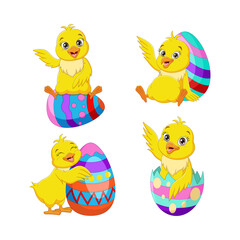 Collection of cartoon Easter chick with eggs