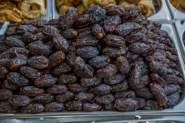 Dried dates (fruits of date palm) for sale in the Mahane Yehuda Market, Jerusalem, Israel