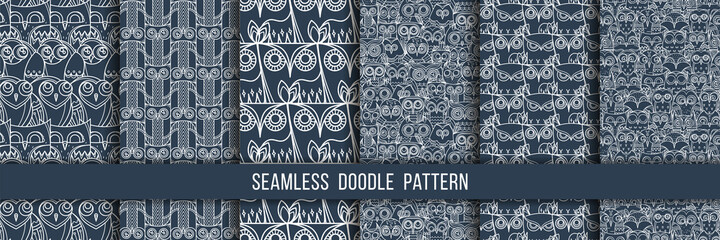 Set of seamless doodle owl patterns. Cute print collection for kids, scrap and other
