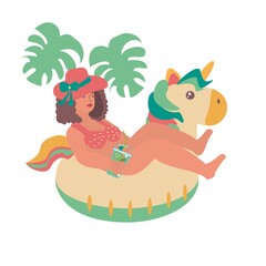 Obraz premium Young woman with glass of mojito and unicorn swimming ring Flat isolated illustratiom