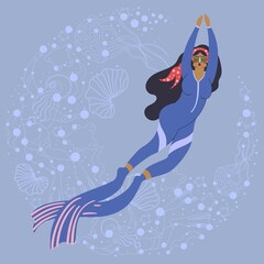 Girls in diving. Vector illustration. Scuba diving. Underwater, weightlessness, beautiful, woman, lifestyle, relaxation, flying, swimming, deep, exploring.