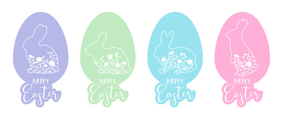 Set of Easter egg with bunny silhouettes and text Happy Easter. Outline rabbits shadow in profile with grass and flowers. Vector illustration in linear style in pastel colors