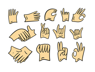 Hands signs set. Hand drawn colorful doodle sketch.Set of hand gesture icons, vector illustrations depicting various gestures and signs, useful for communication and design projects.