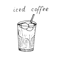 Iced coffee in a glass, vector illustration, hand drawing, sketch