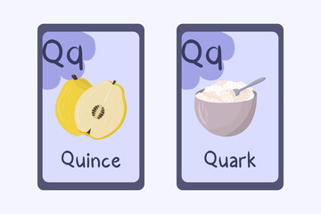 Colorful alphabet flashcard Letter Q - quark, quince.