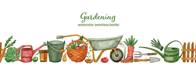Watercolor seamless border with gardening tools and vegetables on white background. Hand painted illustration of a wheelbarrow, bucket, watering cans, wicker basket, flowers, shovel, trowel, rake. © Anna Druzhkova