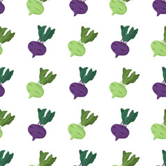 Cartoon seamless pattern for paper design with green and purple kohlrabi root with green leaf.