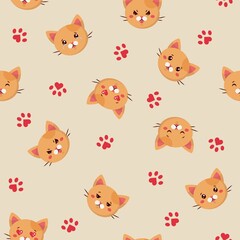 Seamless pattern of emoji ginger cats on light backgound. Emotion face of calm, scepsis, love, sleep,cry, confusion, angry. Stock illustration in kawaii flat style for web and print.