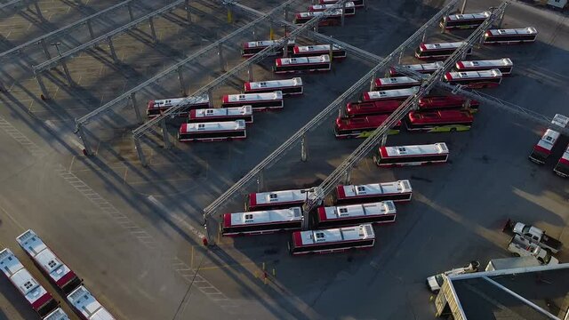 TTC public transit buses at large operations, maintenance and storage facility with birds flying; aerial