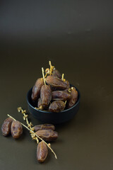 Kurma or Dates fruits, popular sunnah food in Ramadan month for breakfasting. Islamic background for text and template. Ramadan Kareem, Eid Mubarak celebration. 