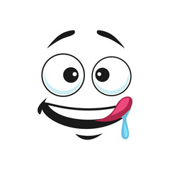 Pleased yummy emoji isolated smiley emoticon with saliva dripping from tongue. Vector pleased hungry emoji ready to enjoy tasty food. Teasing smiley, yummy emoji speech bubble or chatbot thirsty emoji