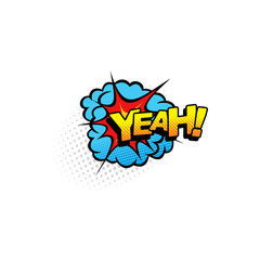 Boom bang burst yeah dialogue message, pop art isolated icon. Vector half tone communication tag, burst bubble with yup sign, hello dialogue label, yes yep cloud . Comic chat retro boom bang message