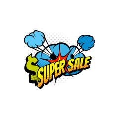 Comic price off label half tone super sale tag isolated comic retro style icon. Vector sale label sticker tag, Boom bang cloud, discount and dollar sign. Total clearance sale, promo price in shop