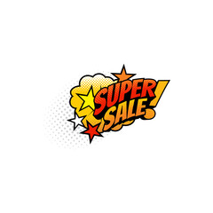 Half tone cloud with super sale text isolated burst explosion comic cartoon icon. Vector final clearance sale, price off reduction, special promo offer, discount. Pop art retro sticker with stars