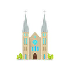Church with tower, facade of building with cross, exterior design of medieval temple isolated cartoon icon. Vector catholic religion building with crucifix, religious landmark exterior, green trees