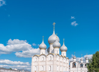 Domes of the Assumption Cathedral and the belfry on the territory of the Kremlin in Rostov the Great. Golden ring of Russia.