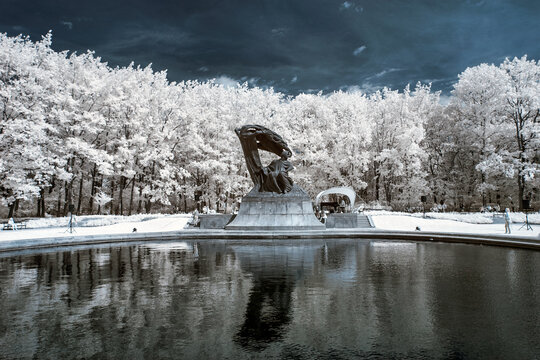 Chopin Monument in Warsaw. Infrared photo.