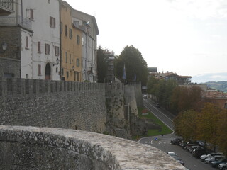 San Marino, the Walls that surround the old town. Panorama from the top of the towers and bulwarks on the external side of the walls.