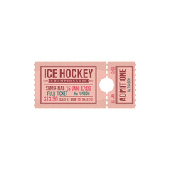 Ice hockey semifinal state tournament admits isolated invitation card. Vector grand ice arena admit one, price, date and gate, seat. Paper ticket invitation on game, city championship full ticket