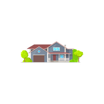 Cottage house in cartoon style with garage, entrance door and windows. Vector town family mansion with green trees, real estate property villa outdoor facade. Residential building on sale or rent