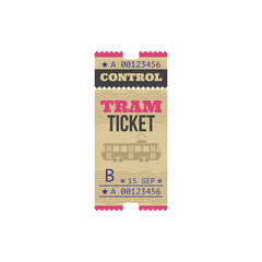 Tram ticket isolated mockup template. Vector paper card with mention of date, numbered boarding pass. City urban rail transport coupon, single elevated express ticket on public means of transportation