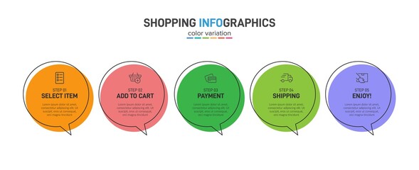 Concept of shopping process with 5 successive steps. Five colorful graphic elements. Timeline design for brochure, presentation, web site. Infographic design layout.