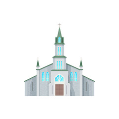 Catholic church building vector icon. Medieval cathedral with gothic arch windows. Chapel or monastery facade, christian church, evangelic religious architecture exterior design isolated cartoon sign
