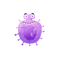 Cartoon virus cell vector icon, cute purple bacteria, happy laughing germ character with funny face and pimples. Smiling pathogen microbe with kind eyes and big teeth, micro organism isolated symbol
