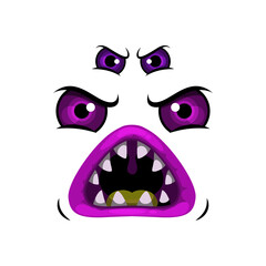 Monster face cartoon vector icon, roaring Halloween creature, emotion with many angry purple eyes and round toothy mouth. Creepy worm, alien or spooky emoji isolated on white background