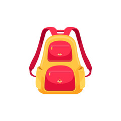 Kids schoolbag isolated vector icon, cartoon rucksack for schoolchild. Baby backpack for girl or boy of red and yellow colors, student knapsack on white background