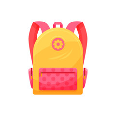 Kids schoolbag isolated vector icon, cute cartoon rucksack, pink and yellow baby backpack for girl with flower decor, student knapsack on white background