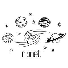 Set of vector elements on the space theme. Illustration of planets, stars, inscription on a white isolated background. Will become a drawing on clothes, a postcard or a sticker.