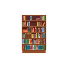 Bookcase vector icon, cartoon shelf with books in library, wooden bookstore with colorful spines on shelves isolated on white background. Literature archive symbol