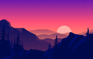 Fototapeta premium Peaceful Mountain Panorama Landscape in Monochromatic Flat Illustration
