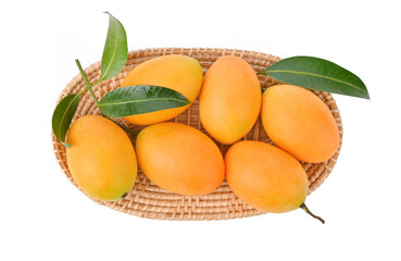 Marian Plum, Mayongchid in woven basket isolated on white background. Top view
