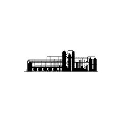 Naklejka premium Chemical or refinery plant, pipeline vector icon, black silhouette of industrial factory with oil or petroleum barrels, design element isolated on white background