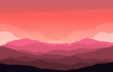 Naklejka na ściany i meble Beautiful Mountain Panorama Landscape in Red Monochrome Flat Illustration 01