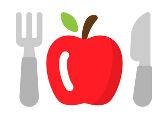 Diet vector icon. Red Apple for dinner for weigh loss, with fork and knife cutlery.