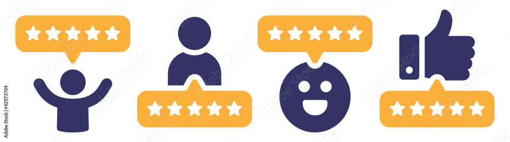 Poster 5 stars positive review of customer. Feedback with satisfaction rating.  Survey about quality service. Concept of best ranking. Choose icon of excellent. Good result in business. Vector icons set.