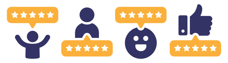 5 stars positive review of customer. Feedback with satisfaction rating.  Survey about quality service. Concept of best ranking. Choose icon of excellent. Good result in business. Vector icons set. - obrazy, fototapety, plakaty