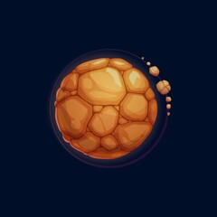 Fantasy planet, far alien world, satellite in space isolated flat cartoon icon. Vector asteroid, habitable place with brown desert soil surface, mystery globe. Galaxy exoplanet, deep space planet