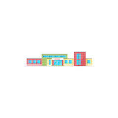 Fototapeta premium Elementary school building exterior vector icon, campus architecture. Public primary educational institution construction, glass facade with windows and entrance isolated cartoon house design