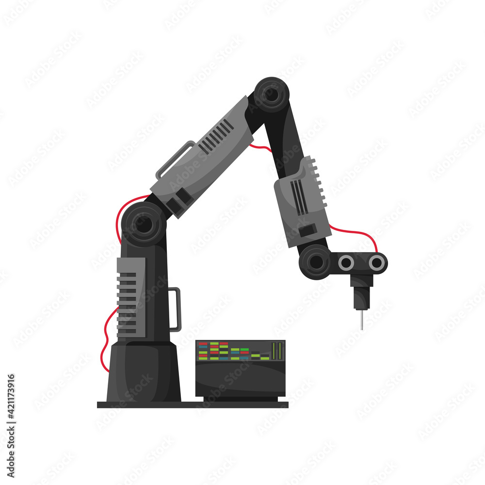 Poster welder robotic arm isolated industrial machine computer. vector welding technology automation, engin