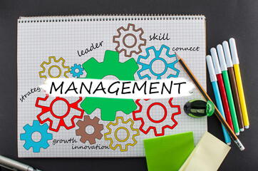 Management concept. Top view of colorful drawing of gears in notepad with different colors pens with management inscription.