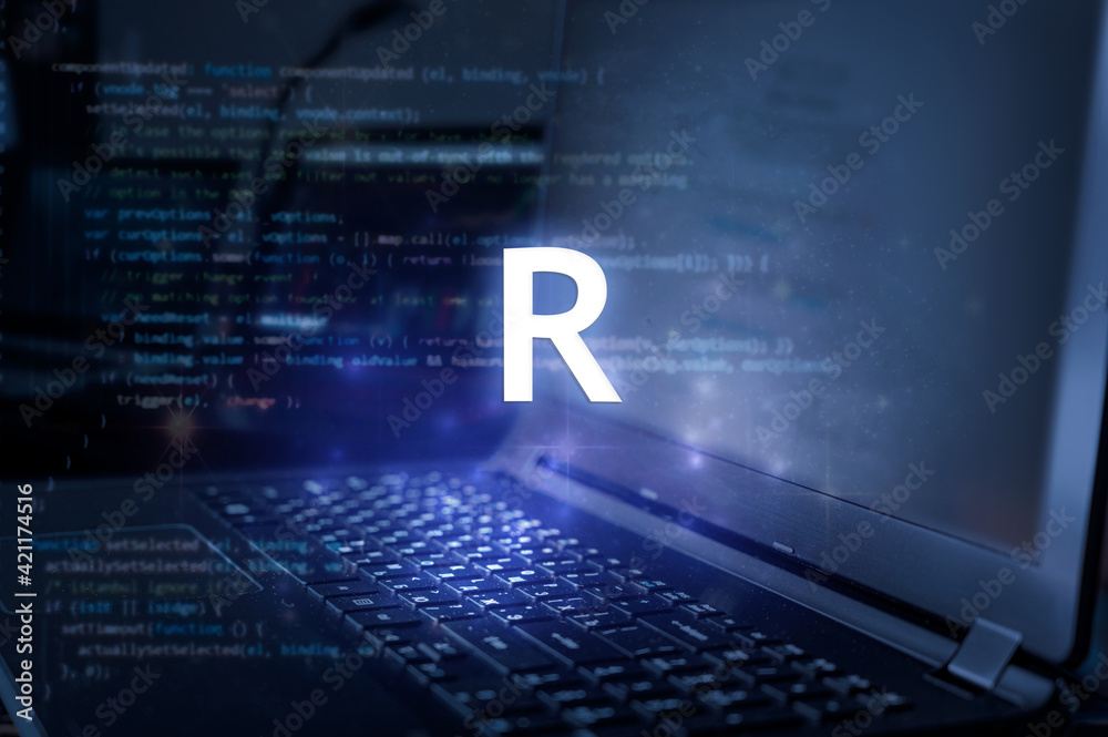 Wall mural r programming language inscription against laptop and code background. learn r, computer courses, tr