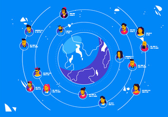 Vector illustration of the concept of a social network around the globe, a grid of communication between people, avatars of users around the globe