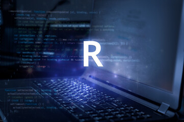 R programming language inscription against laptop and code background. Learn r, computer courses, training. - obrazy, fototapety, plakaty