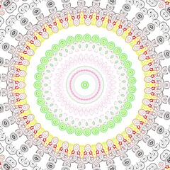 Abstract kaleidoscope background. Mandala design in pink green yellow and grey color isolated on beautiful white background. Unique kaleidoscope design.
