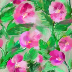 Seamless pattern of abstract pink flowers on a green background for textile.