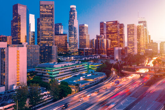 Sunset over Los Angeles downtown. Los Angeles city center, California.